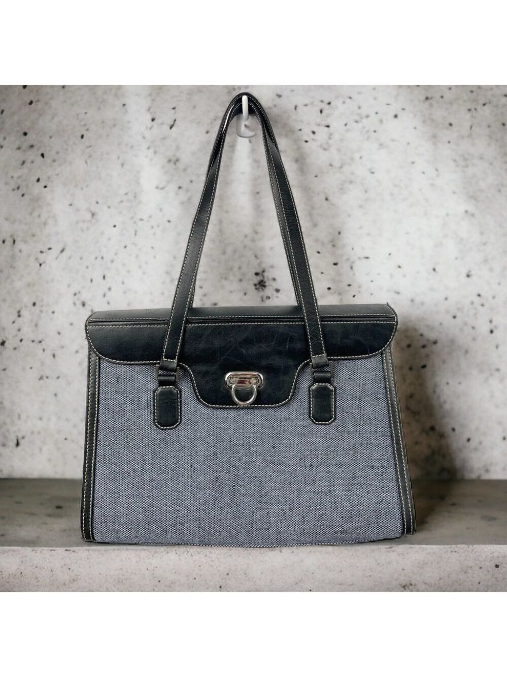 Vintage Maud Frizon Blue Tweed and Black Leather Large Structured Satchel Bag